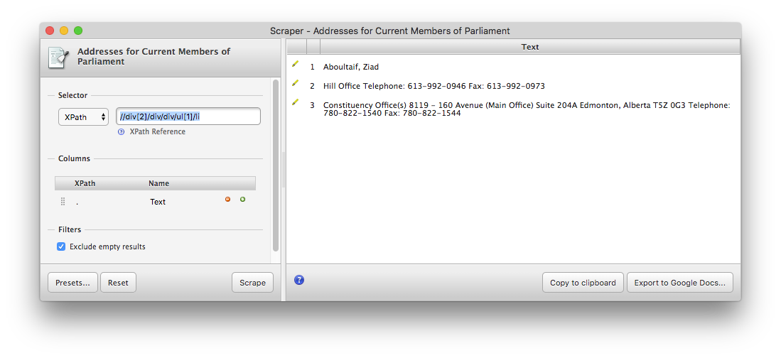 Screenshot of the Scraper window trying to scrape addresses
