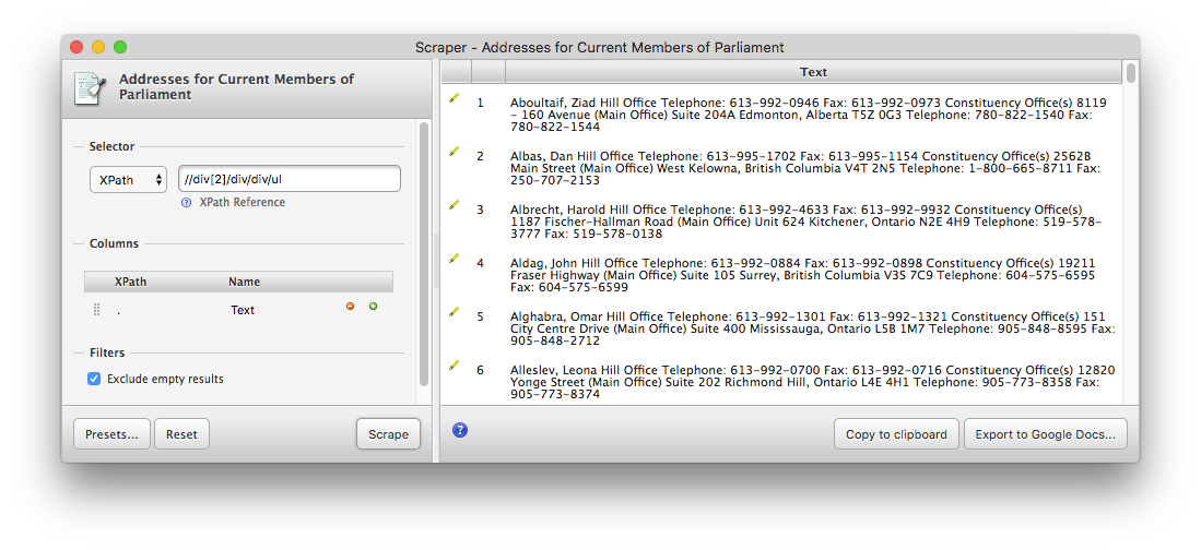 Screenshot of the Scraper window trying to scrape addresses