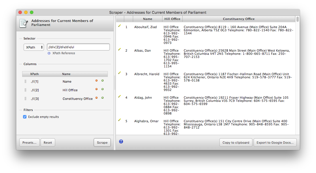 Screenshot of the Scraper window scraping addresses