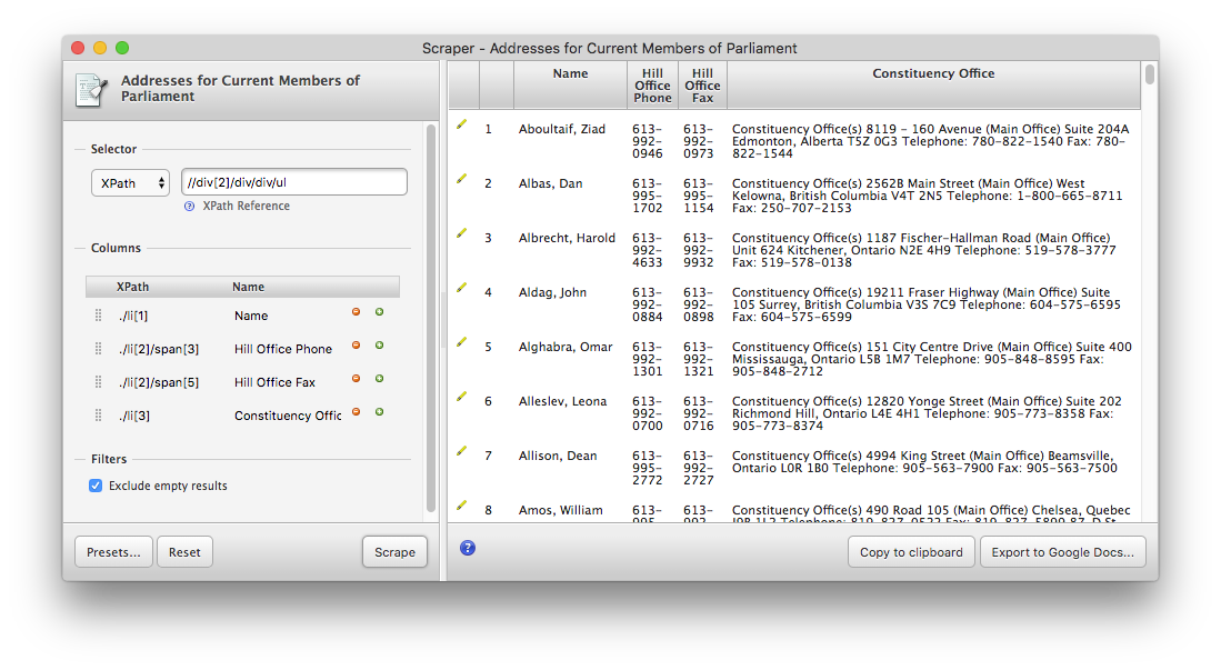 Screenshot of the Scraper window on scraping MP phone numbers