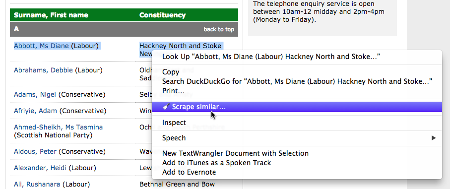 Screenshot of the Scraper contextual menu