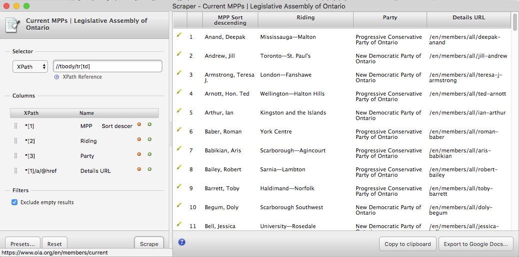 Screenshot of the Scraper window on the Ontario MPP page