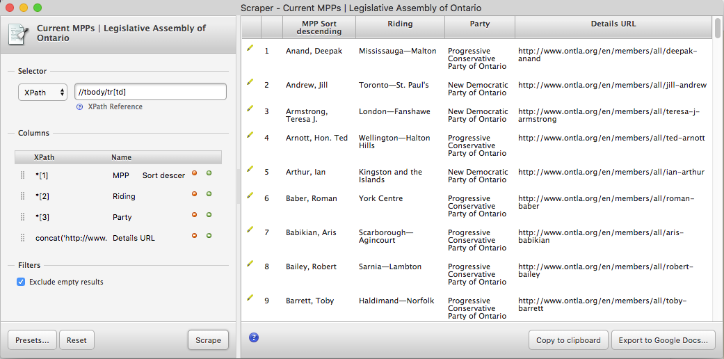 Screenshot of the Scraper window on the Ontario MPP page