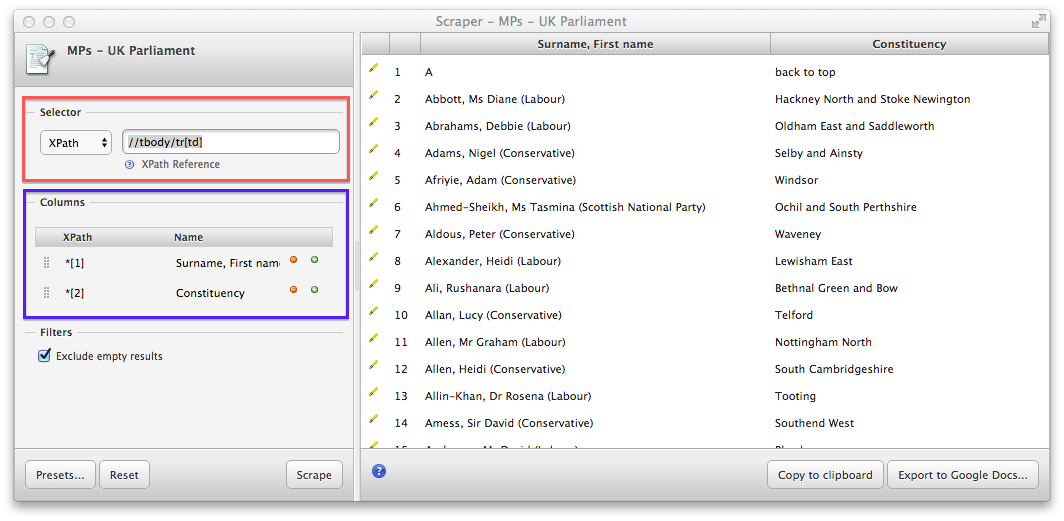Screenshot of the Scraper main window