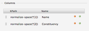 Screenshot of the Scraper window showing the Column selectors